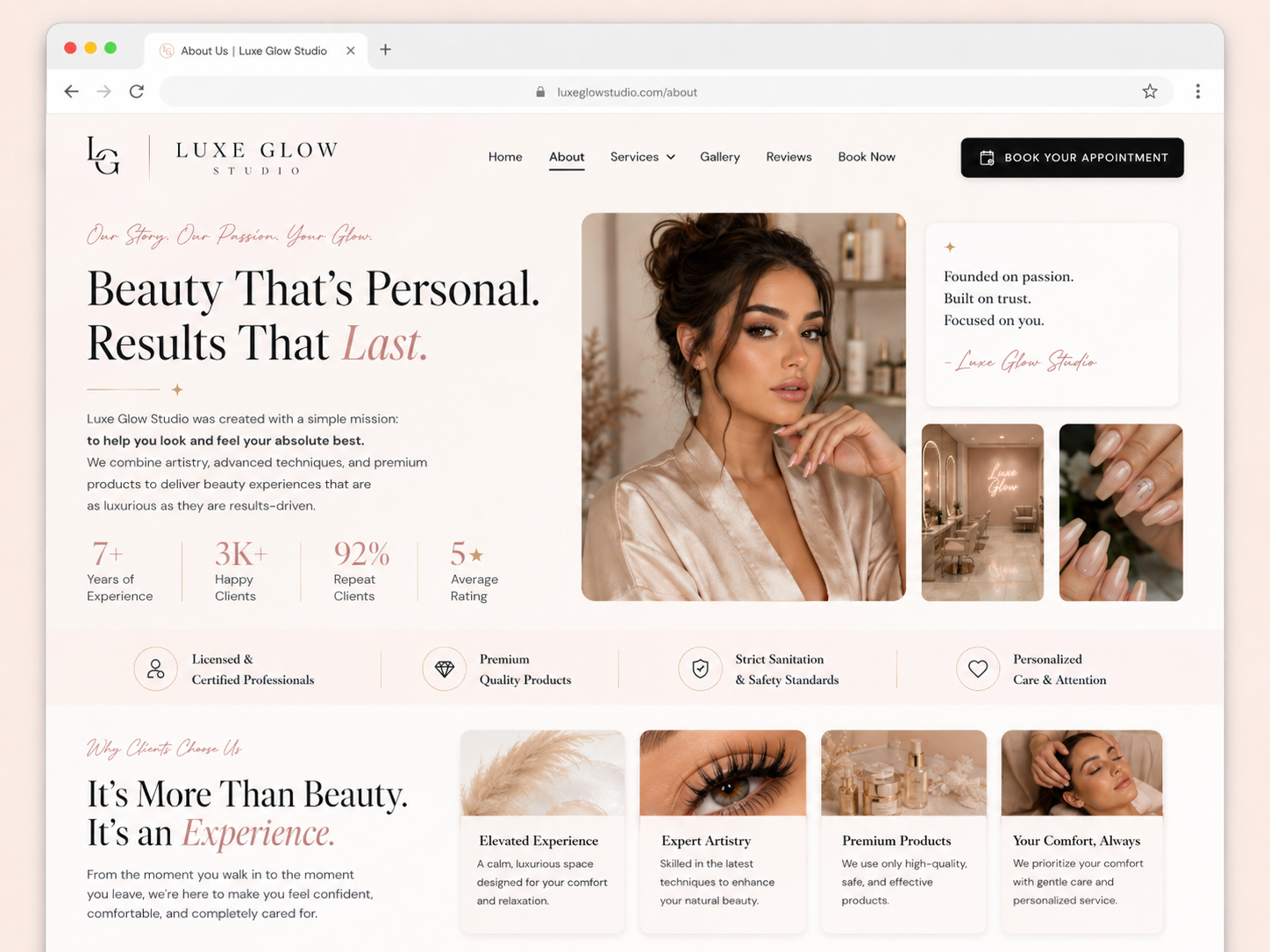 Luxe Glow Studio beauty specialist about and results section mockup