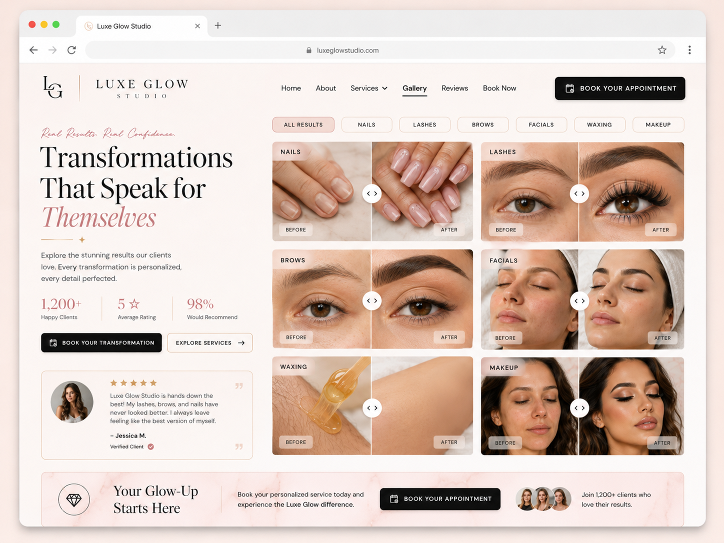Luxe Glow Studio beauty transformation and before after mockup