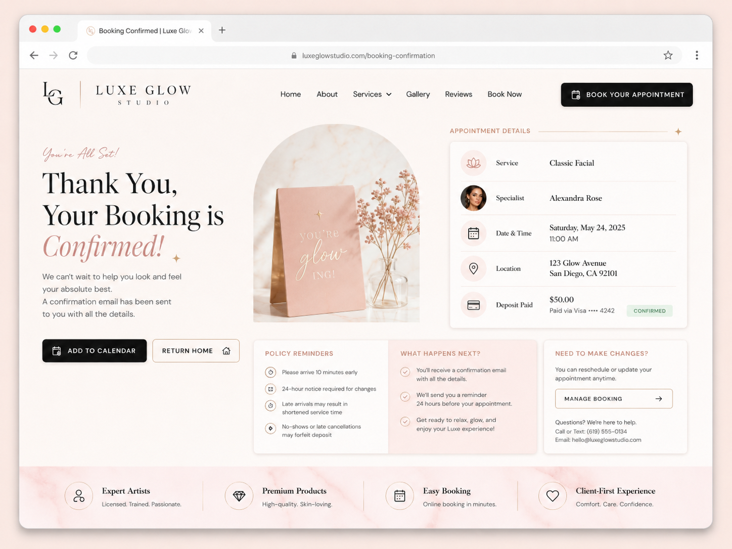 Luxe Glow Studio beauty booking confirmation and success state mockup