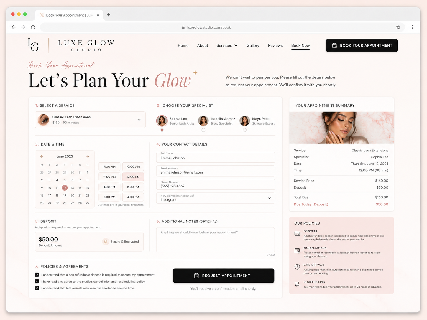 Luxe Glow Studio beauty consultation booking form mockup
