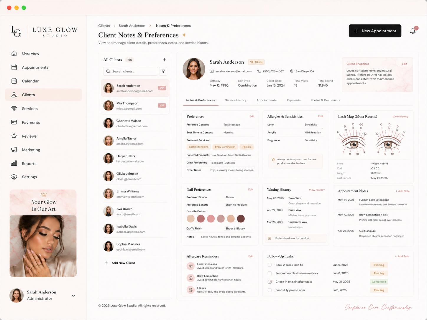 Luxe Glow Studio client notes preferences and follow-up tracker dashboard mockup