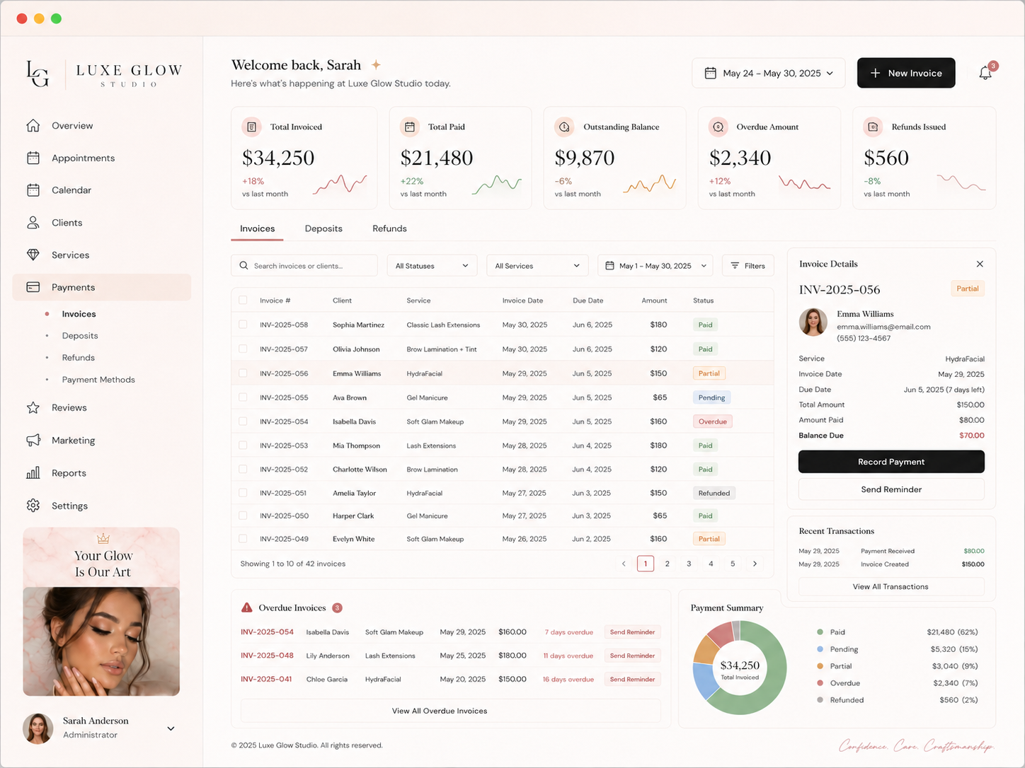 Luxe Glow Studio beauty invoices and payments dashboard mockup