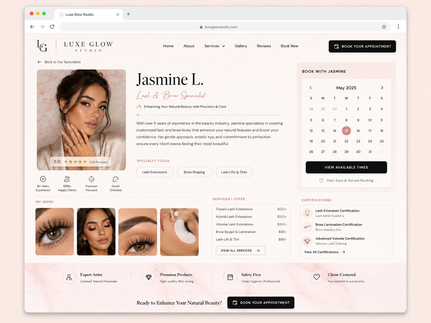 Luxe Glow Studio client profile and booking pipeline dashboard mockup