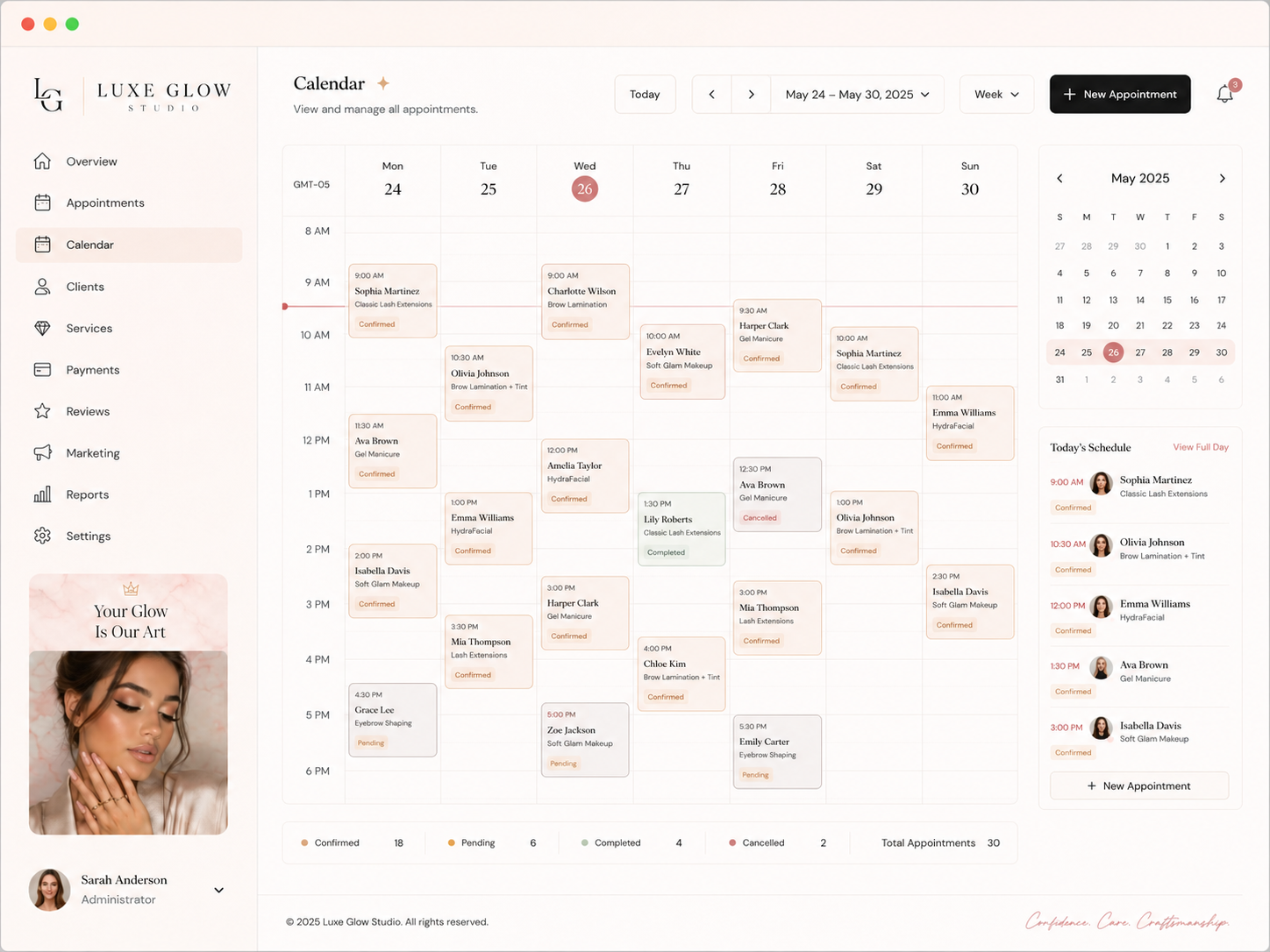 Luxe Glow Studio calendar dashboard with upcoming appointments