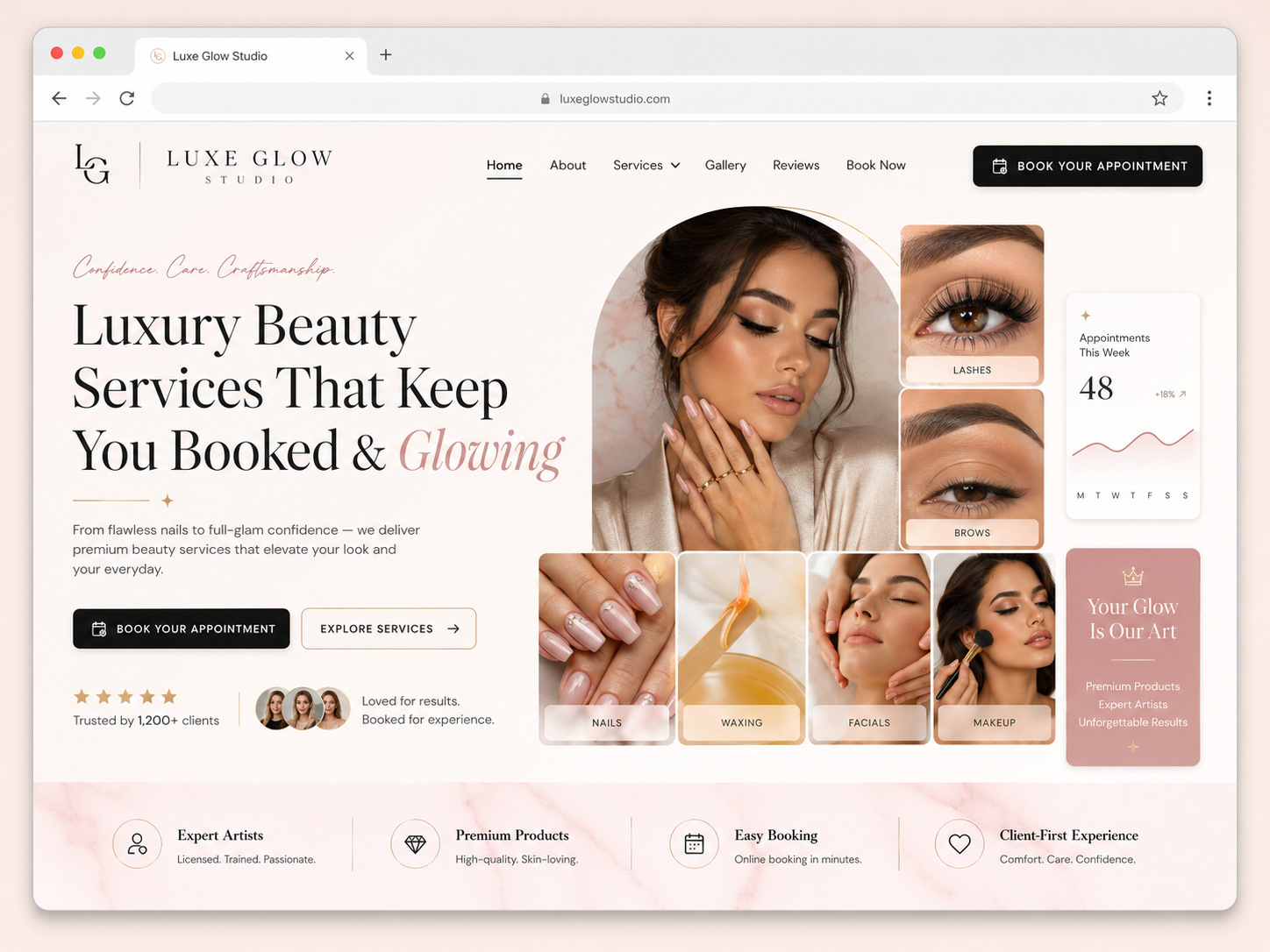Luxe Glow Studio beauty specialist desktop homepage mockup
