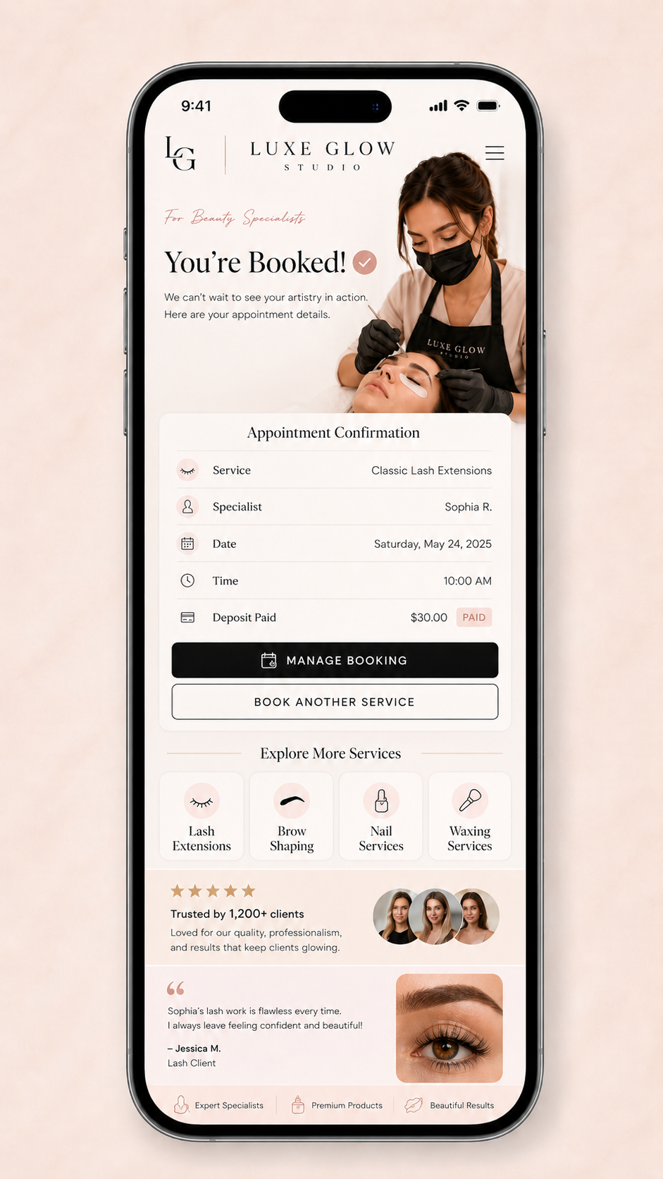 Luxe Glow Studio mobile appointment confirmation preview