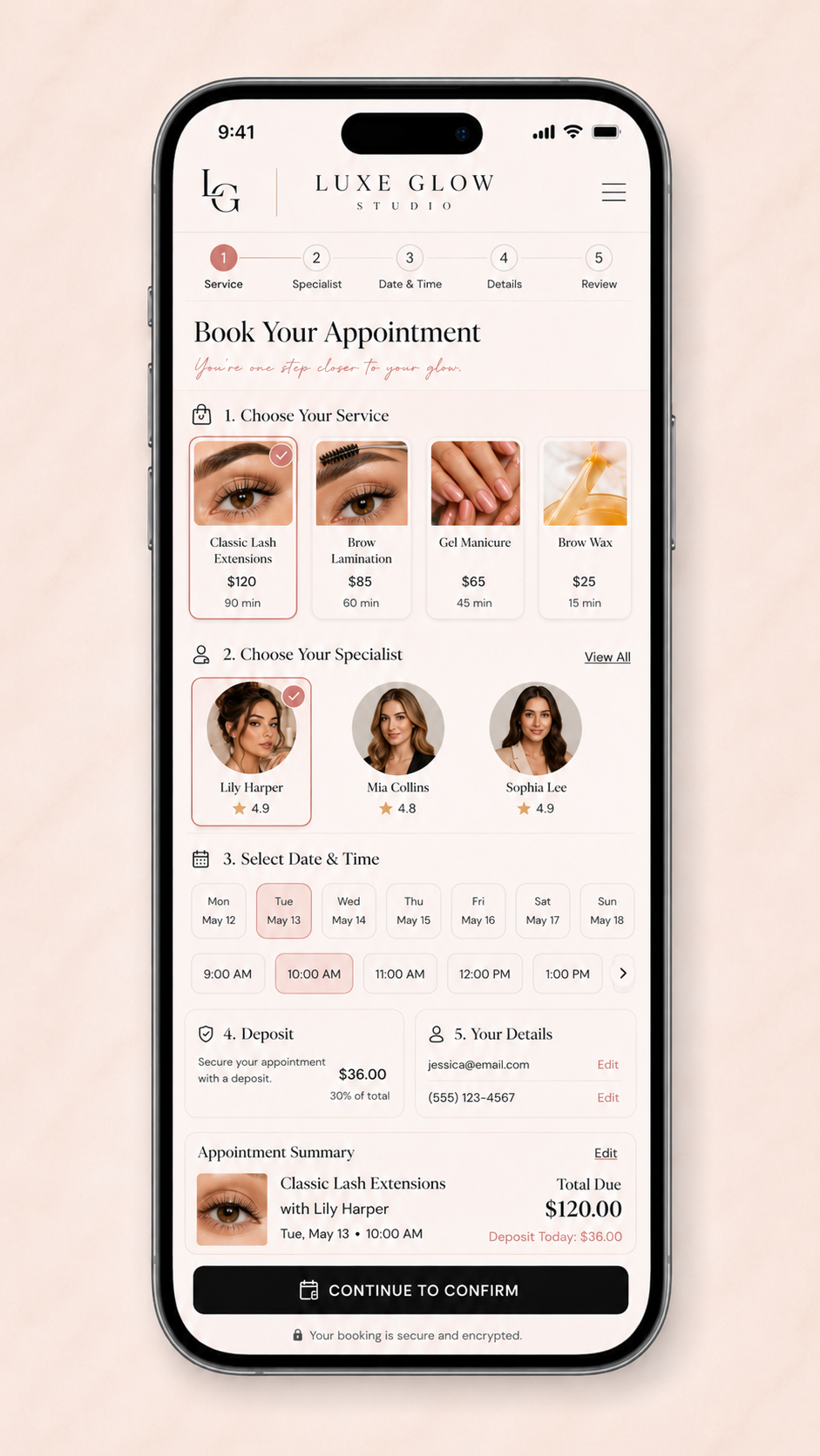 Luxe Glow Studio mobile appointment booking and specialist selection flow