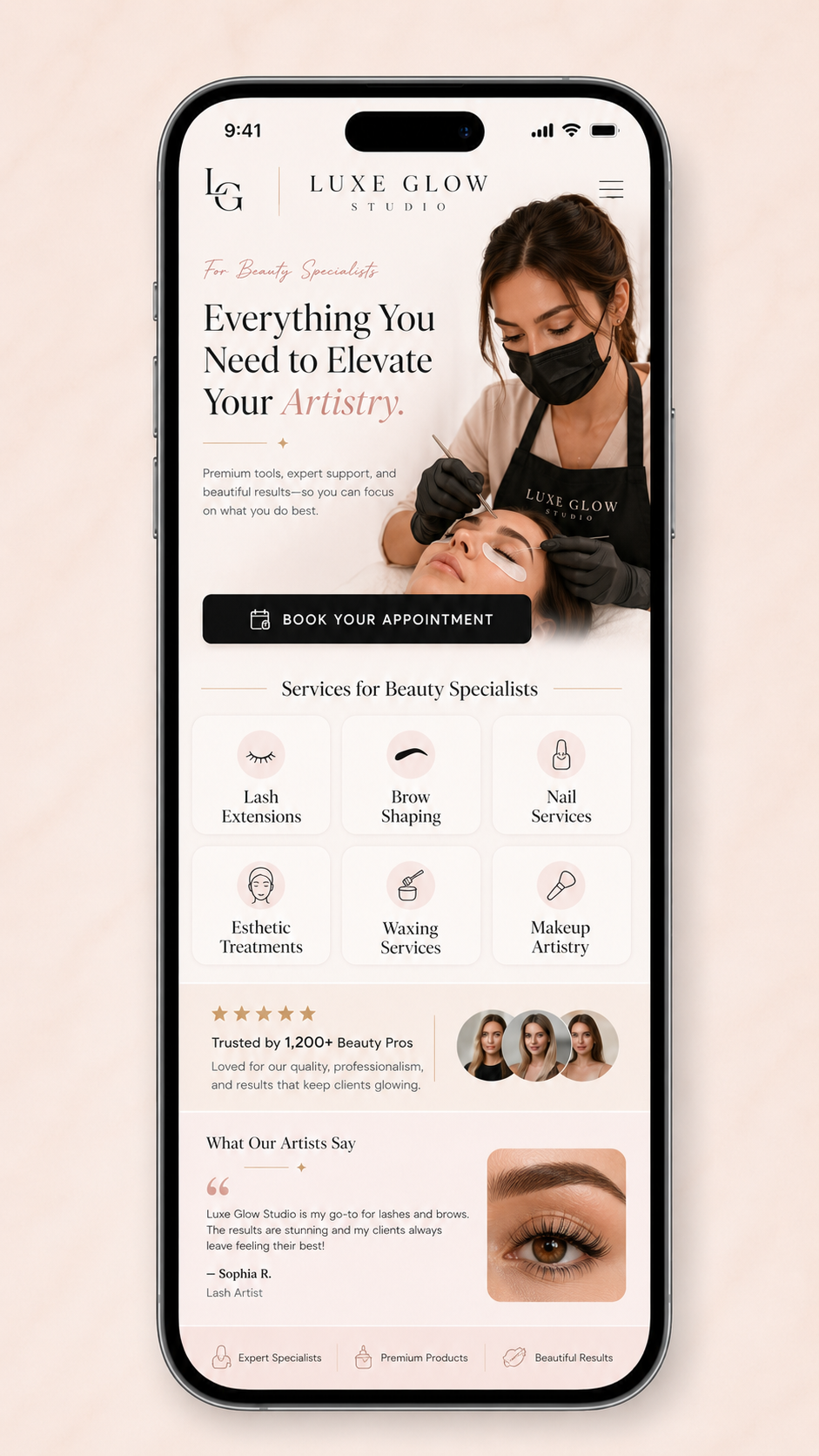 Luxe Glow Studio mobile beauty specialist website services and CTA mockup