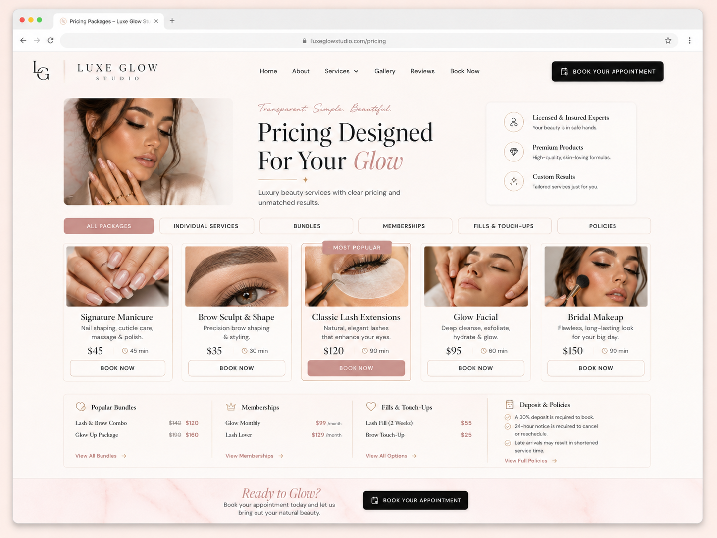 Luxe Glow Studio beauty service pricing and packages mockup