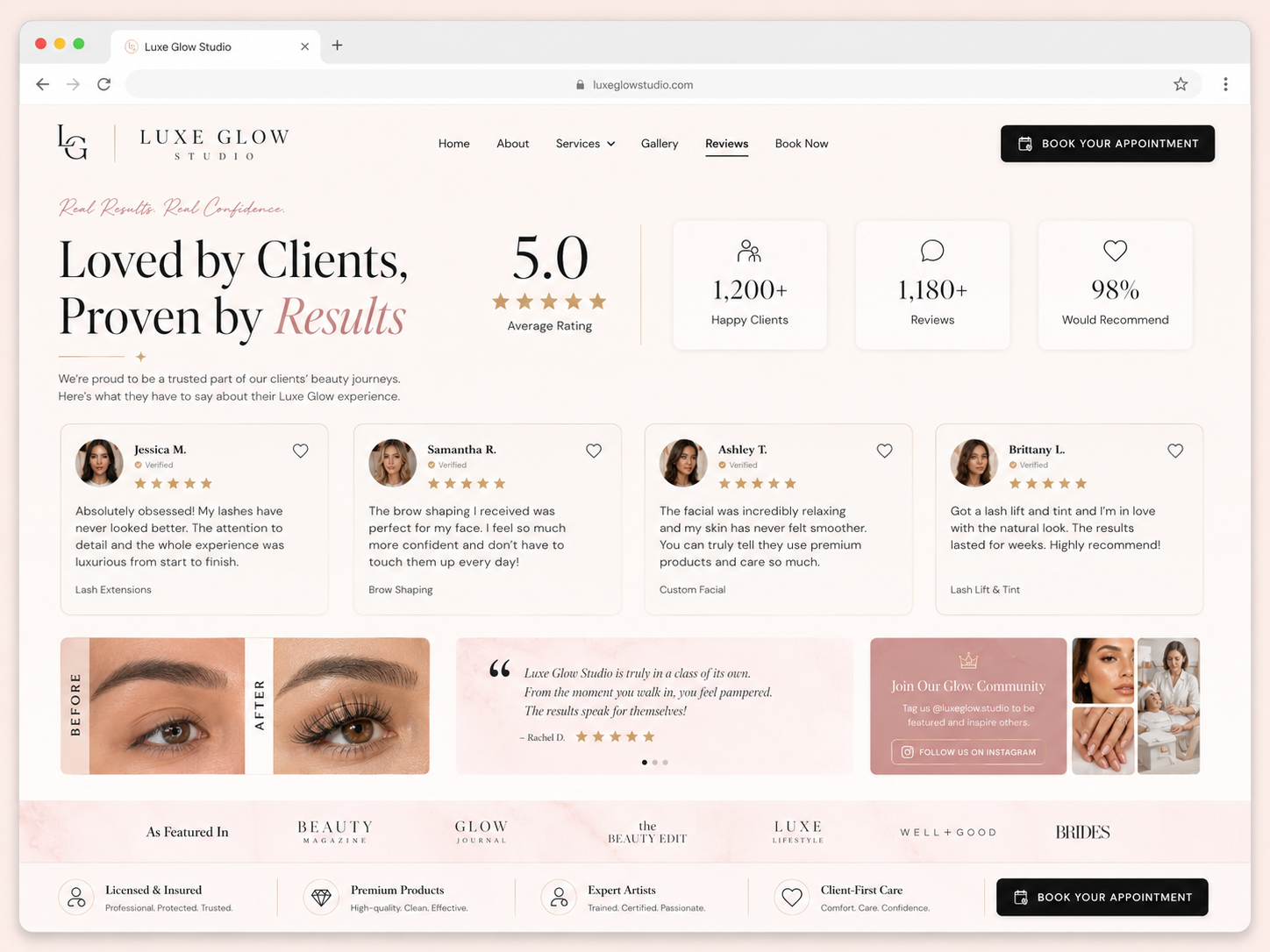 Luxe Glow Studio beauty specialist testimonials and client reviews mockup