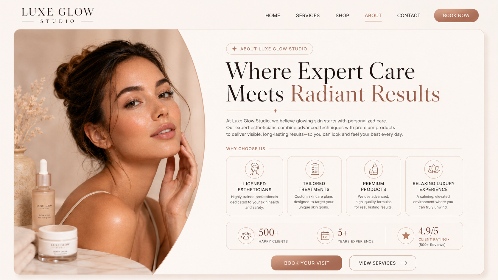 Luxe Glow Studio about and why choose us section mockup