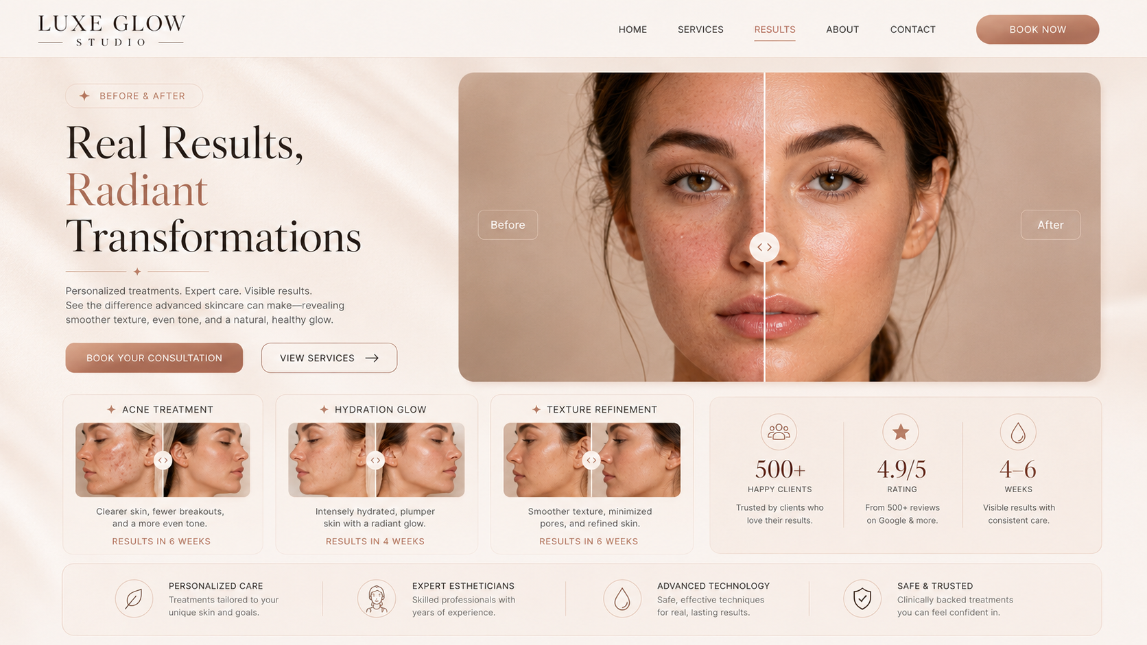 Luxe Glow Studio before and after transformation section mockup