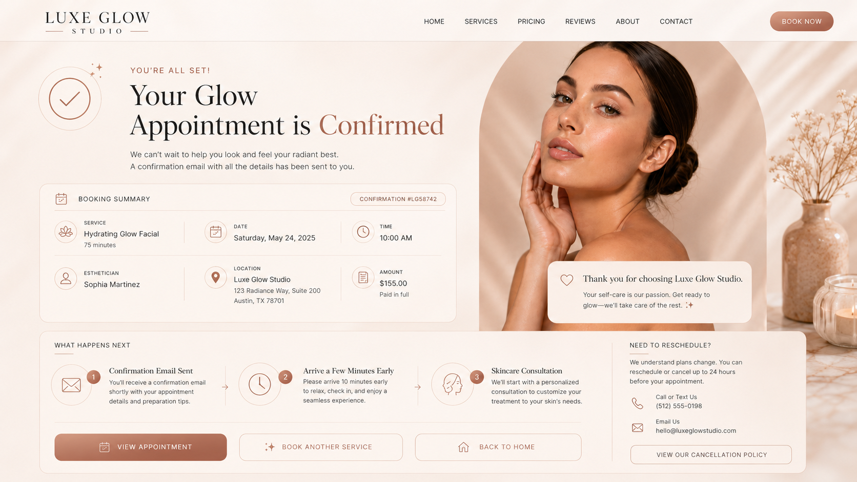 Luxe Glow Studio booking confirmation and success state mockup