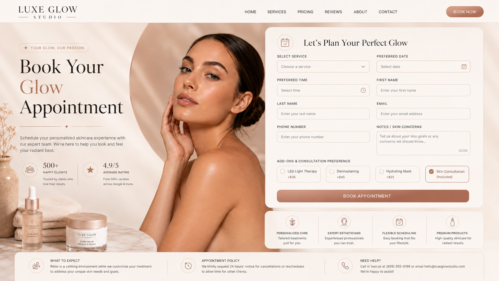 Luxe Glow Studio appointment booking form mockup