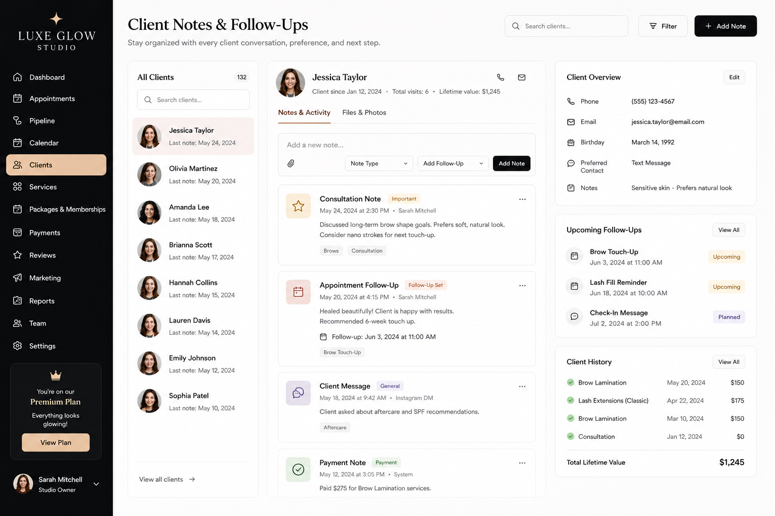 Luxe Glow Studio client notes and follow-up tracker dashboard mockup