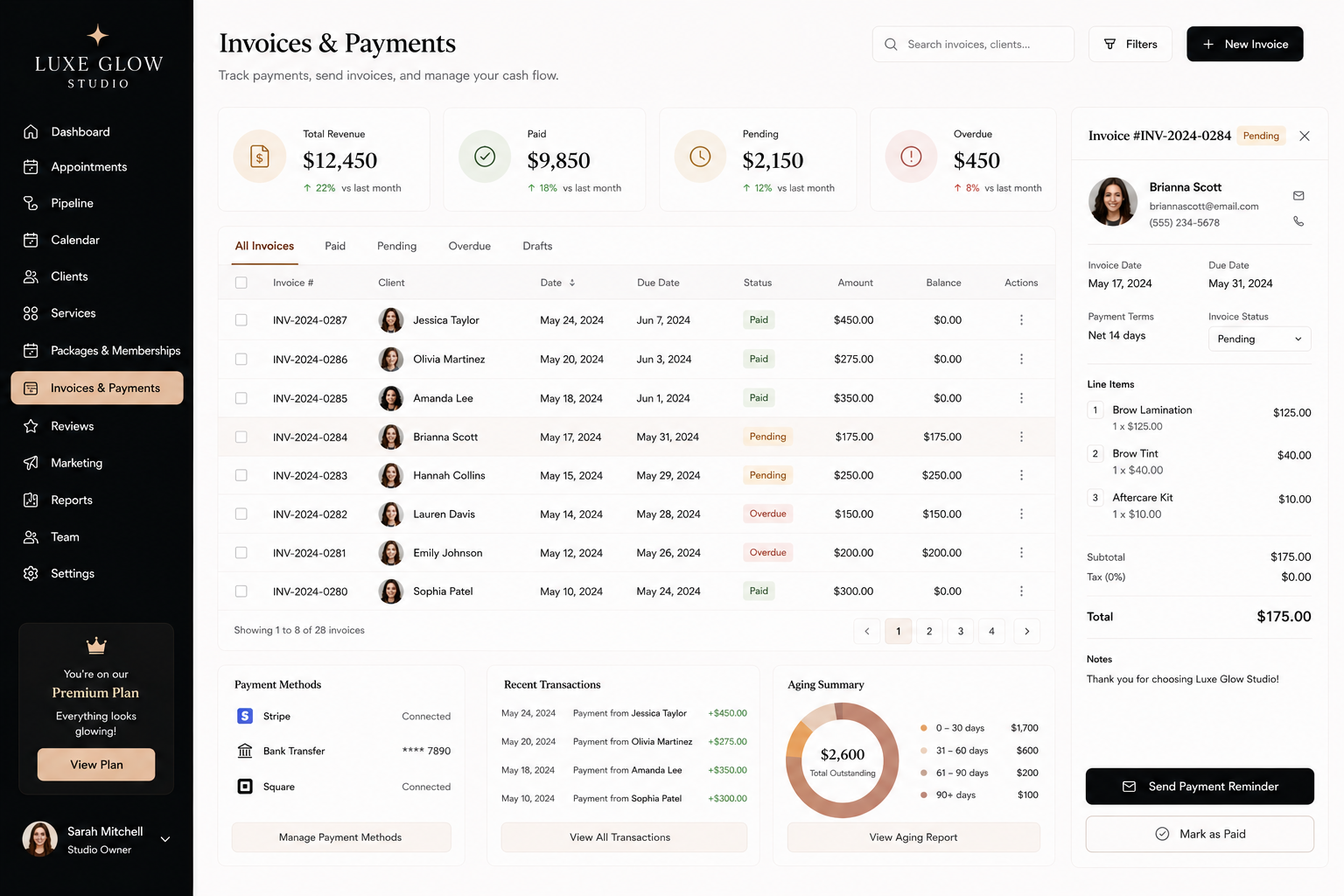 Luxe Glow Studio invoices and payments dashboard mockup