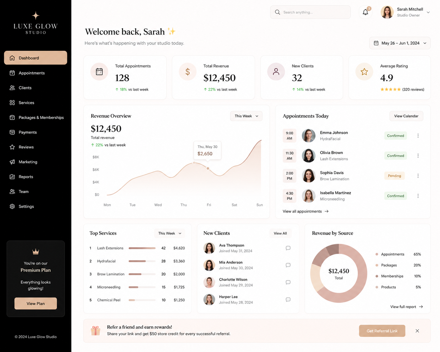Luxe Glow Studio dashboard overview with appointment and revenue stats