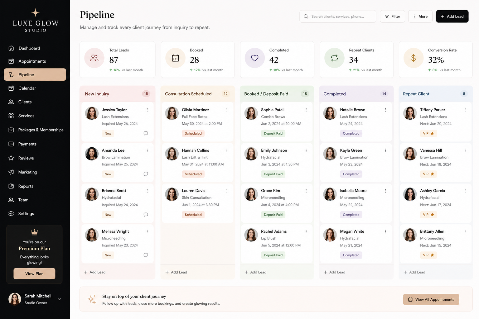Luxe Glow Studio appointment and client pipeline dashboard mockup