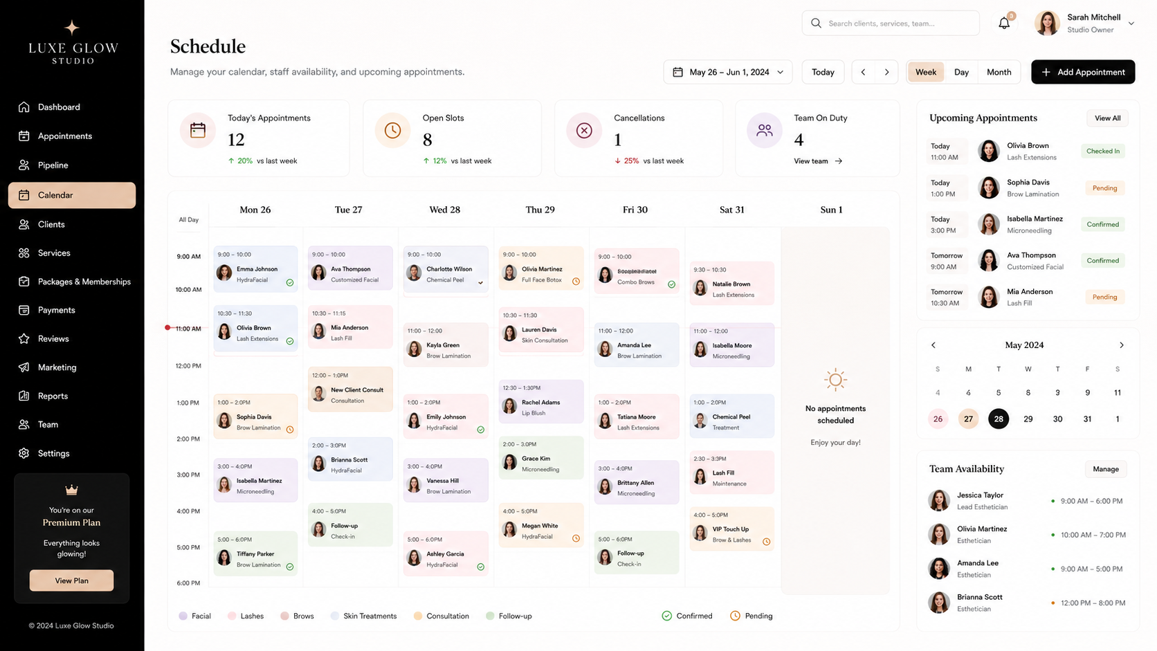 Luxe Glow Studio schedule dashboard with upcoming appointments