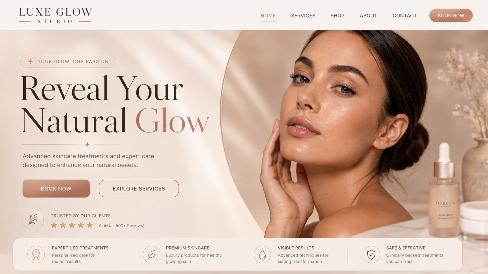Luxe Glow Studio desktop homepage mockup
