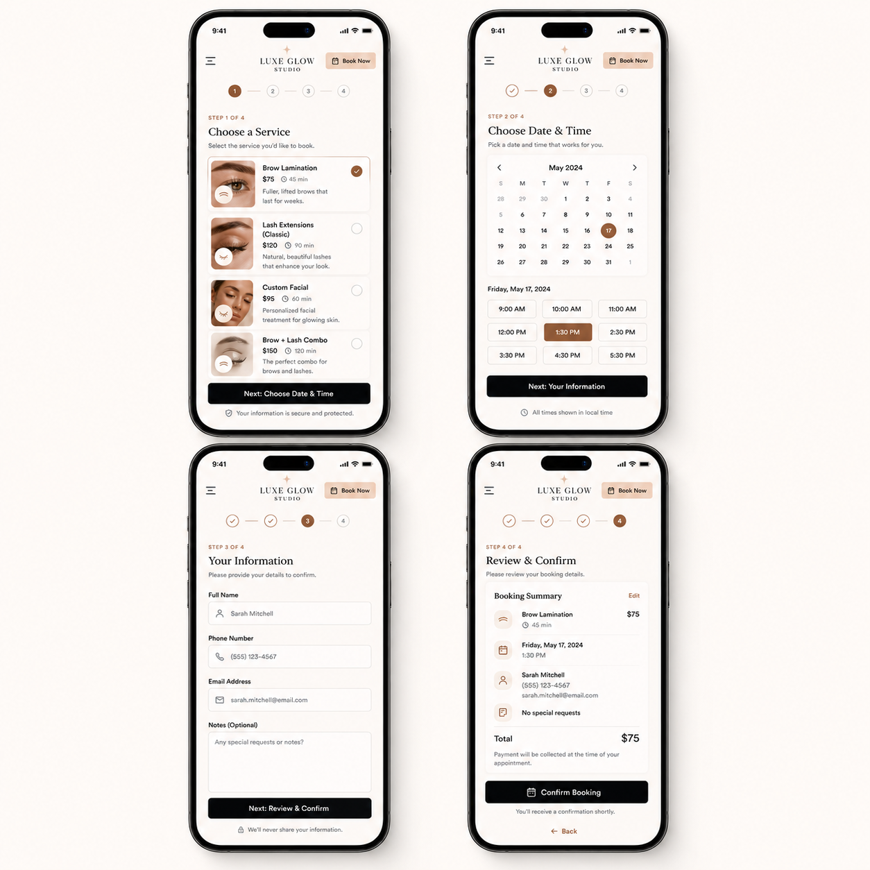 Luxe Glow Studio mobile booking step flow from service selection to confirmation