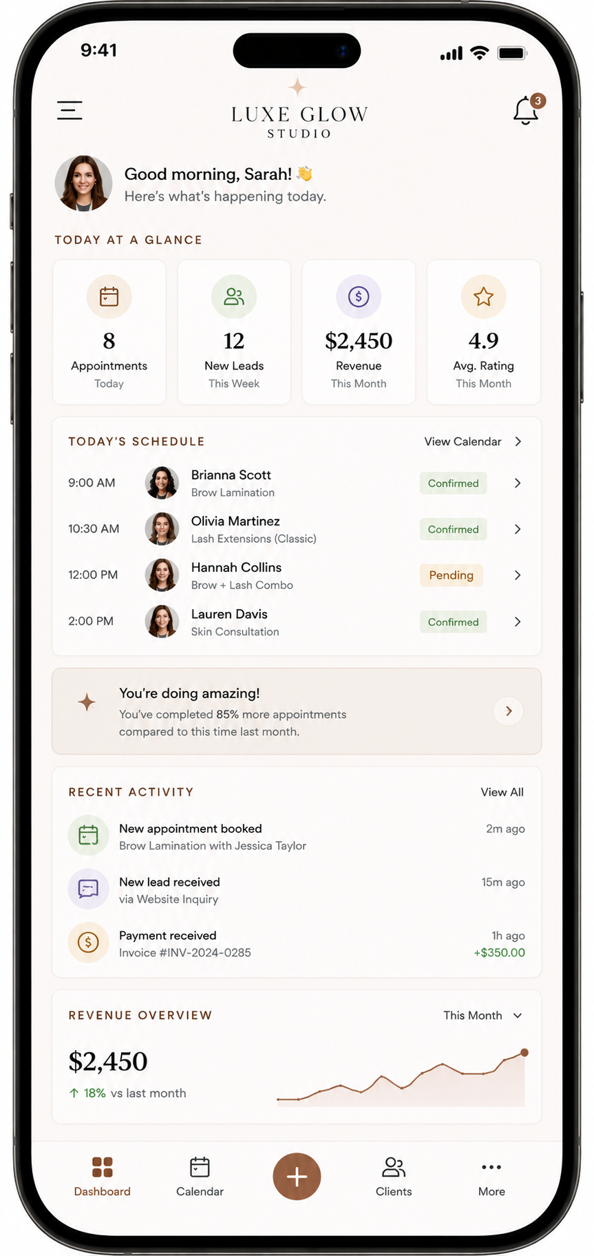 Luxe Glow Studio mobile dashboard overview for appointments, revenue, and client activity