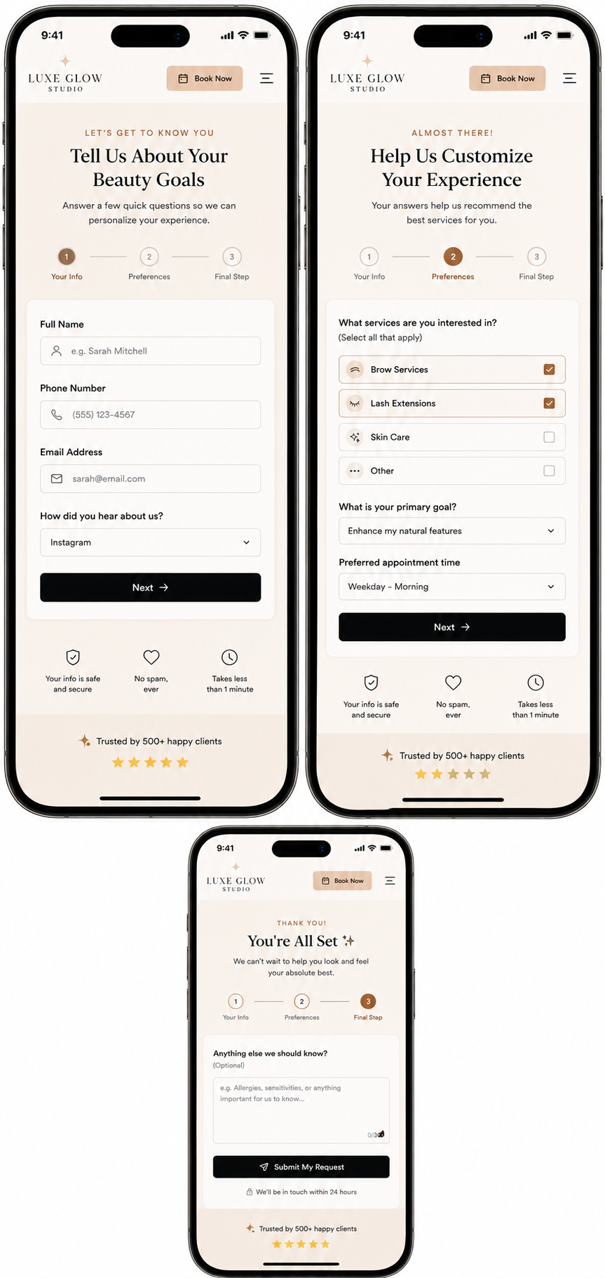 Luxe Glow Studio mobile lead and intake form flow
