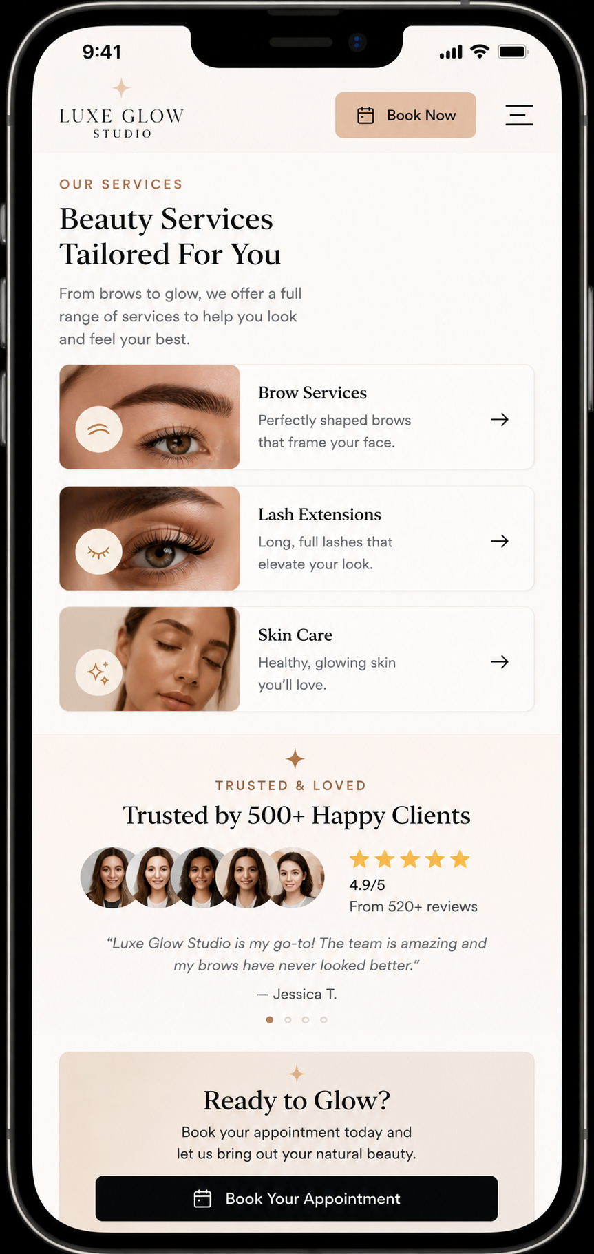 Luxe Glow Studio mobile services, trust, and CTA mockup
