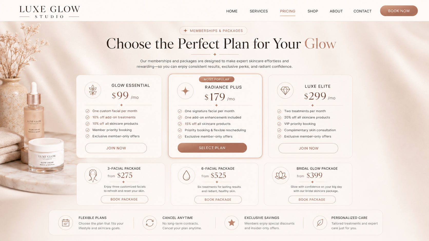 Luxe Glow Studio membership and package pricing mockup