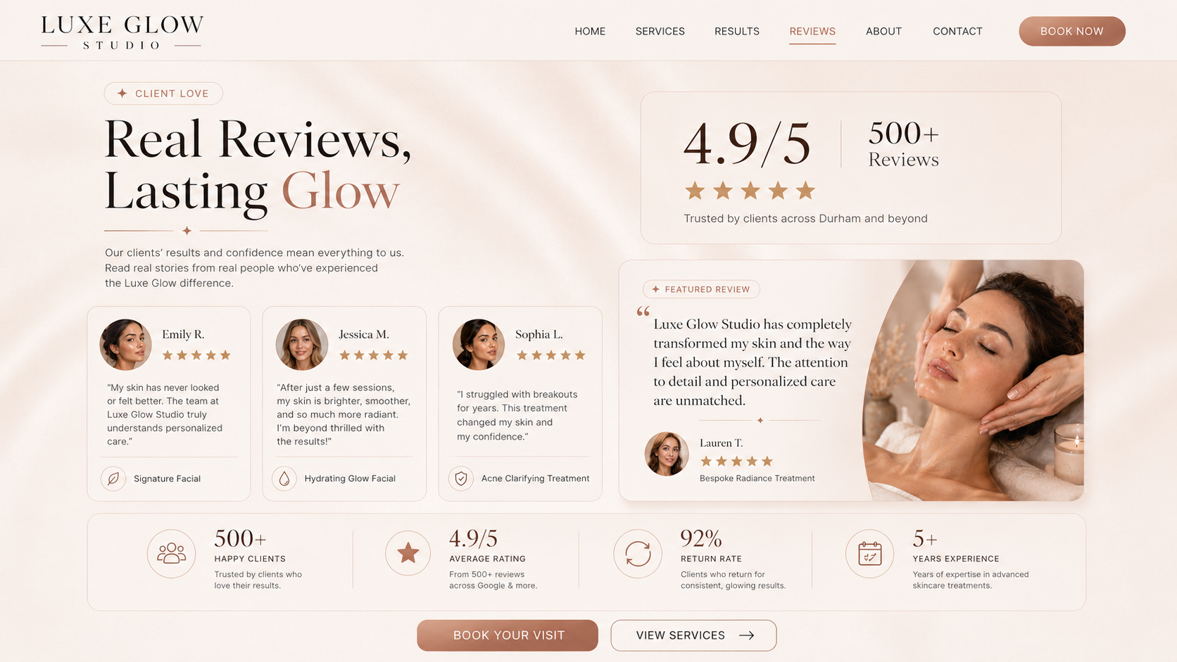 Luxe Glow Studio testimonials and client reviews mockup