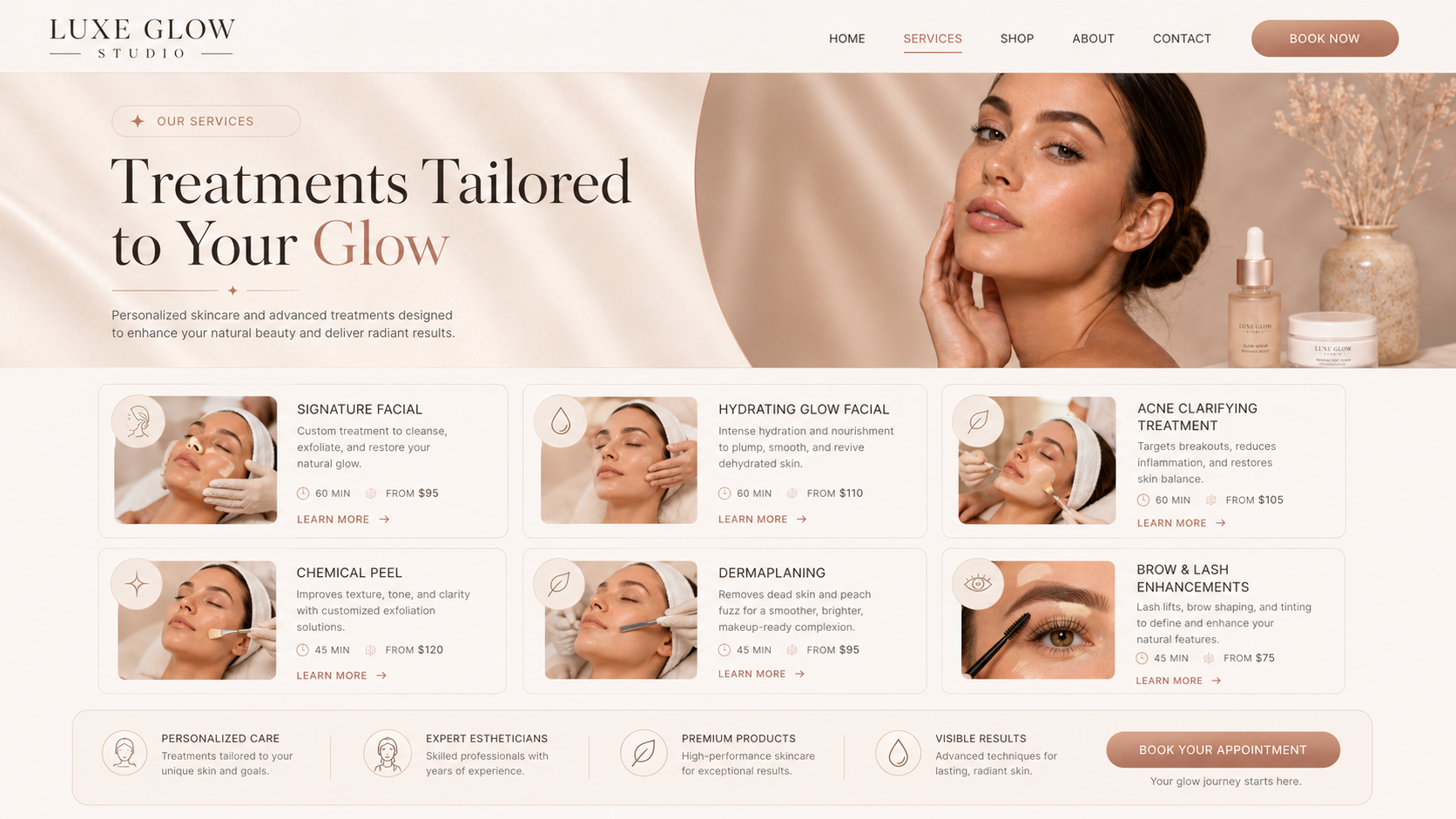 Luxe Glow Studio services grid and treatment cards mockup