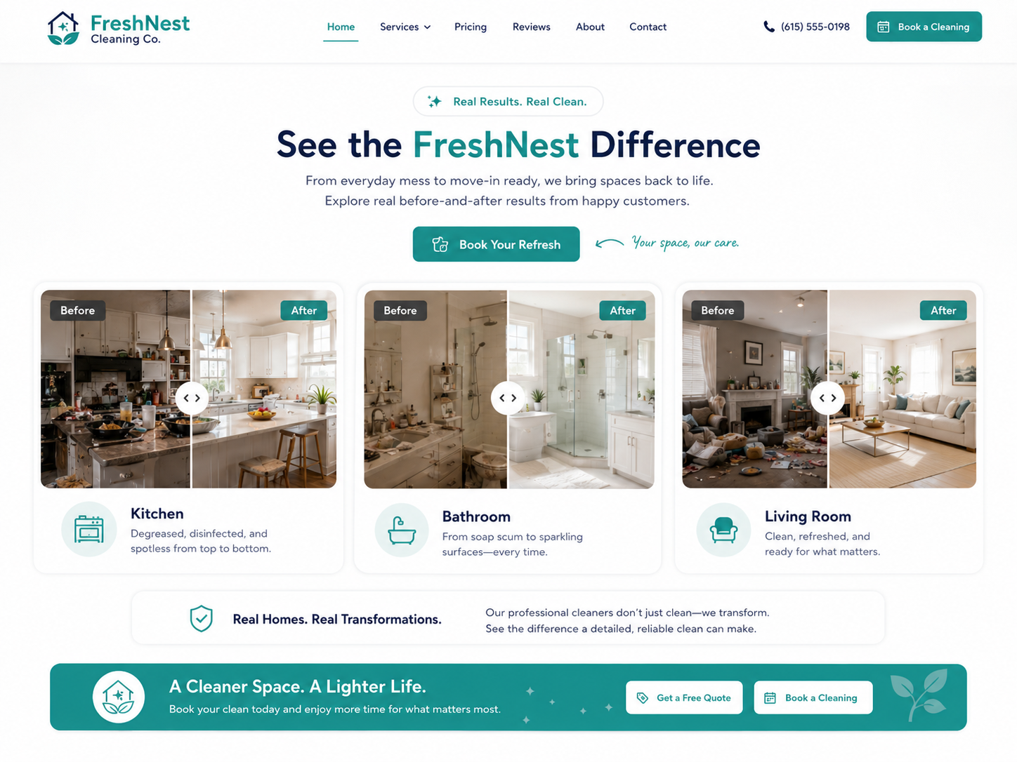 FreshNest Cleaning Co. before and after transformation section mockup