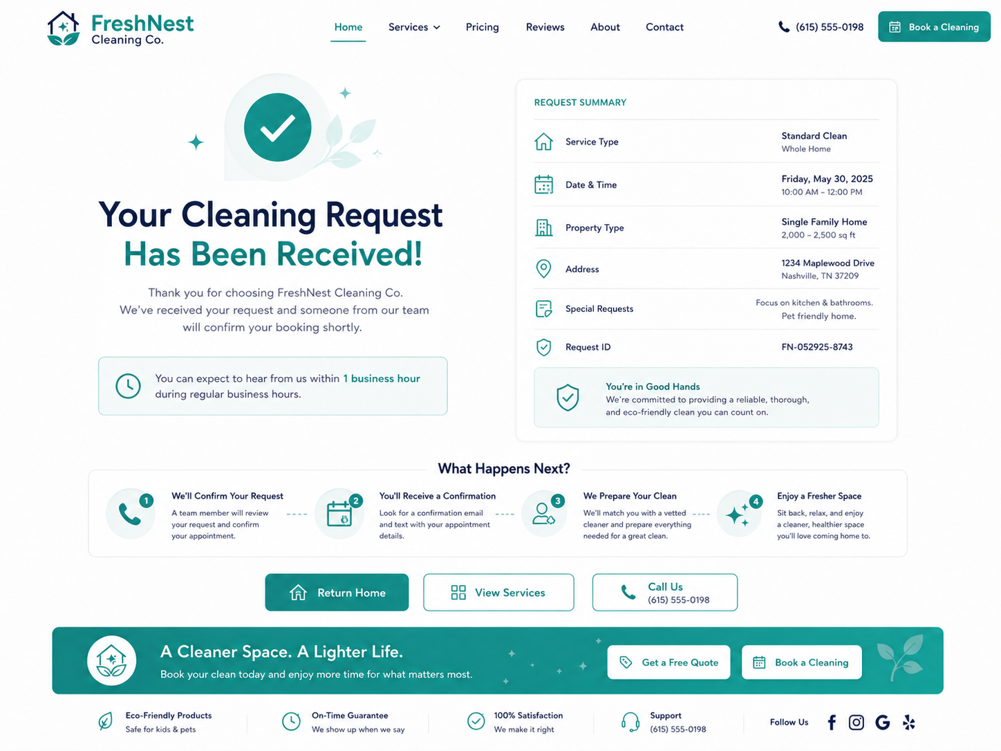 FreshNest Cleaning Co. booking confirmation and success state mockup