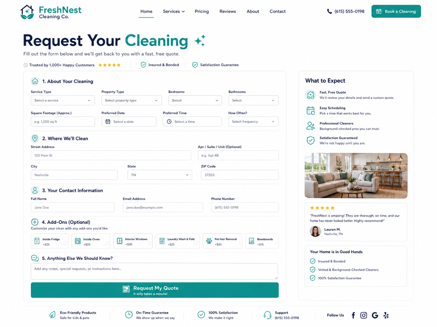 FreshNest Cleaning Co. booking request form mockup