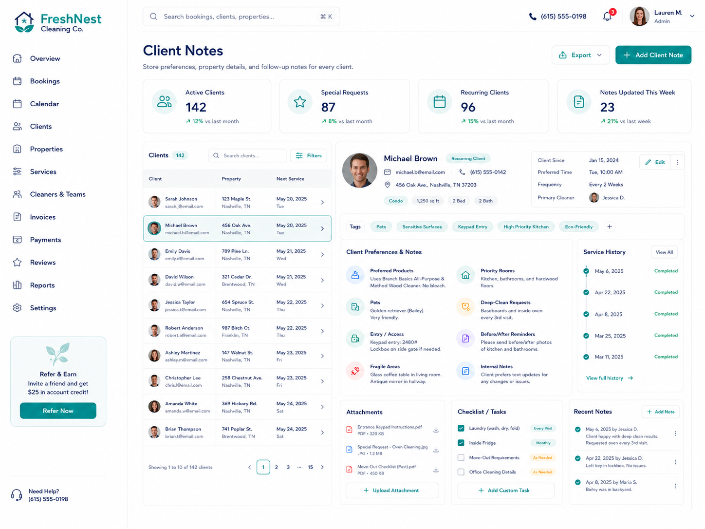 FreshNest Cleaning Co. client notes and follow-up tasks dashboard panel