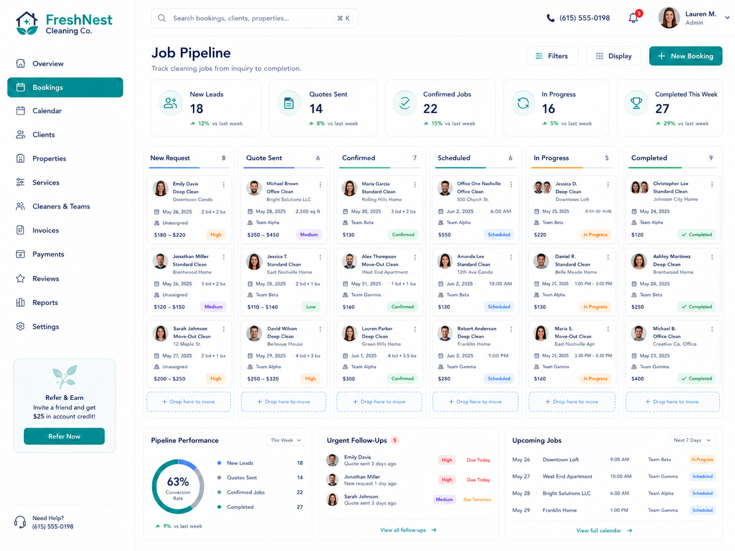 FreshNest Cleaning Co. dashboard job pipeline from request to paid