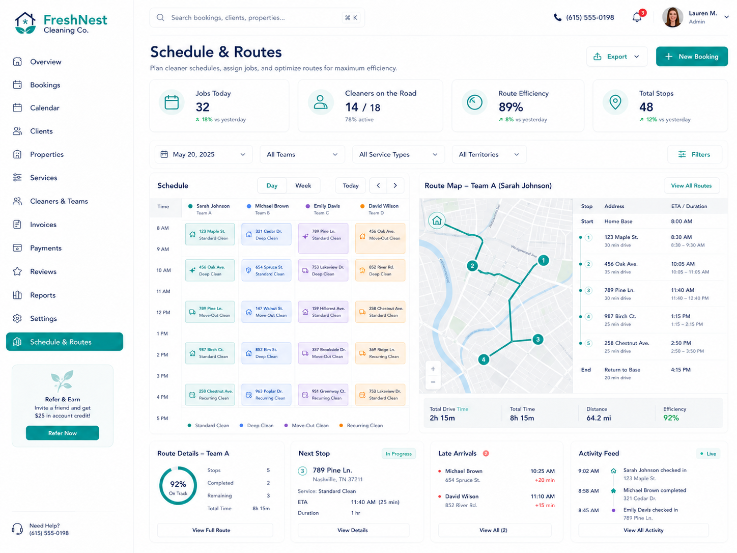 FreshNest Cleaning Co. schedule dashboard showing today’s cleanings and upcoming appointments