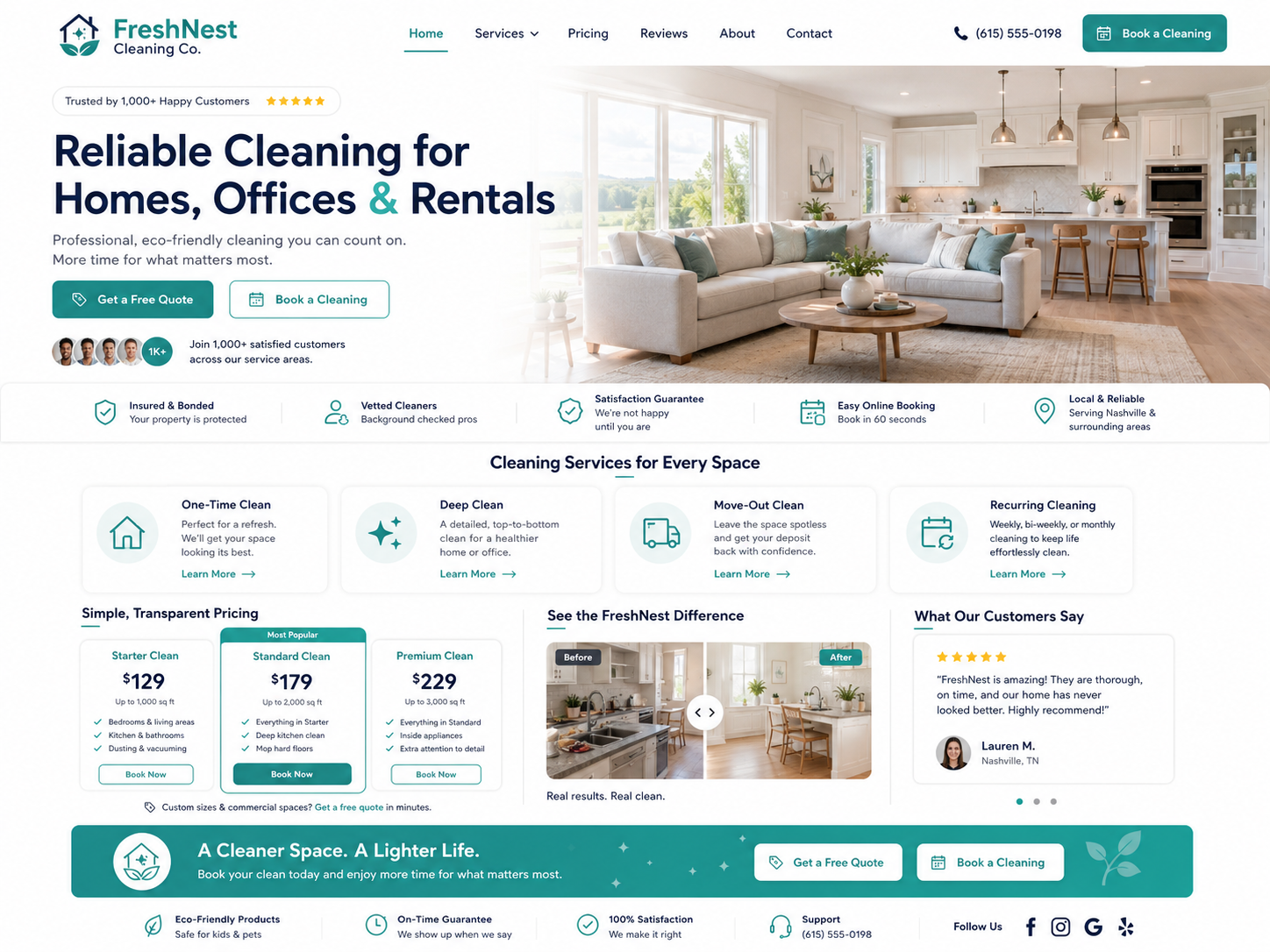 FreshNest Cleaning Co. desktop homepage mockup