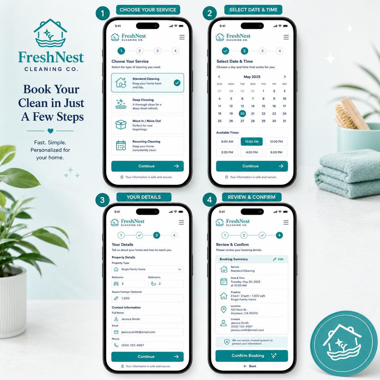 FreshNest Cleaning Co. mobile booking step flow from service selection to confirmation