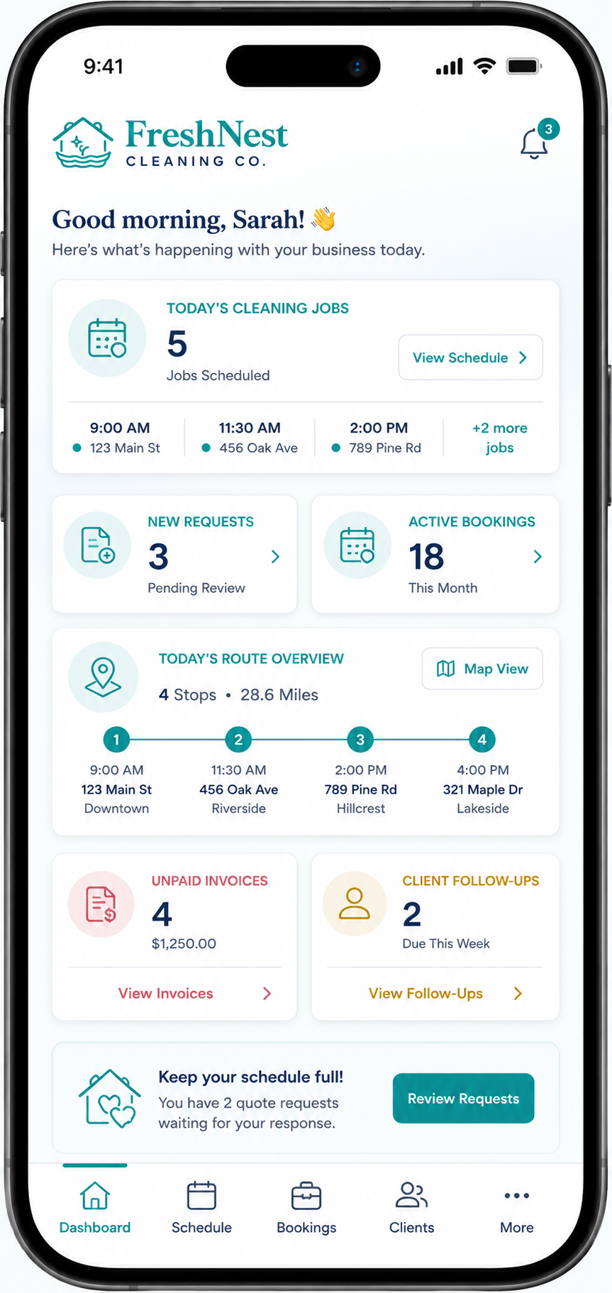 FreshNest Cleaning Co. mobile dashboard overview for jobs, bookings, routes, invoices, and follow-ups