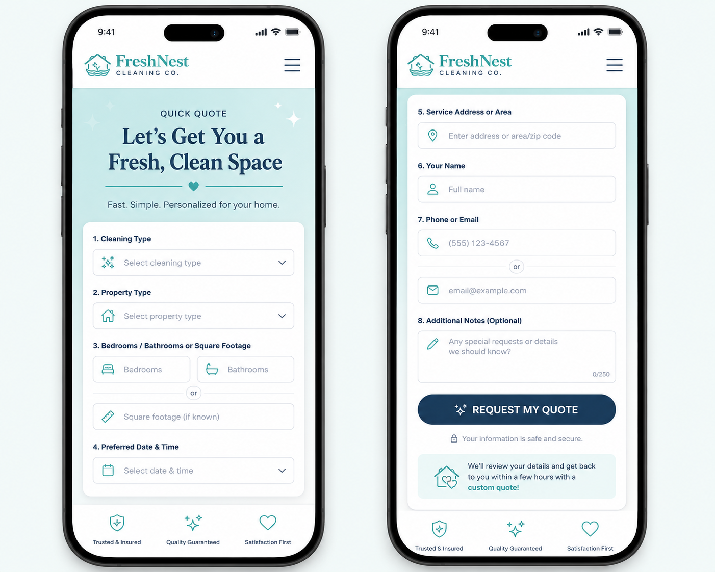 FreshNest Cleaning Co. mobile lead form quick quote request flow