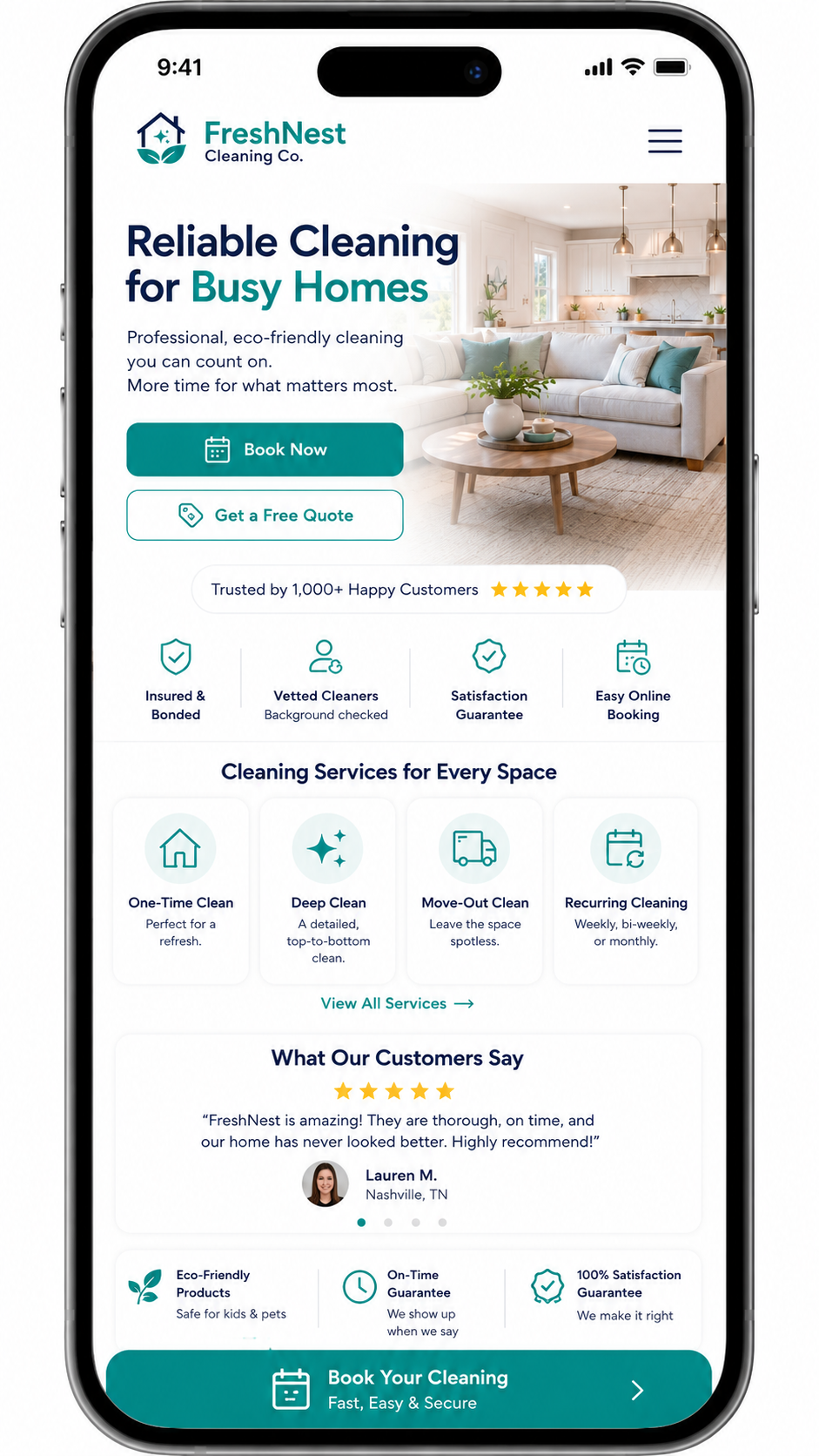 FreshNest Cleaning Co. mobile website services, trust, and CTA mockup