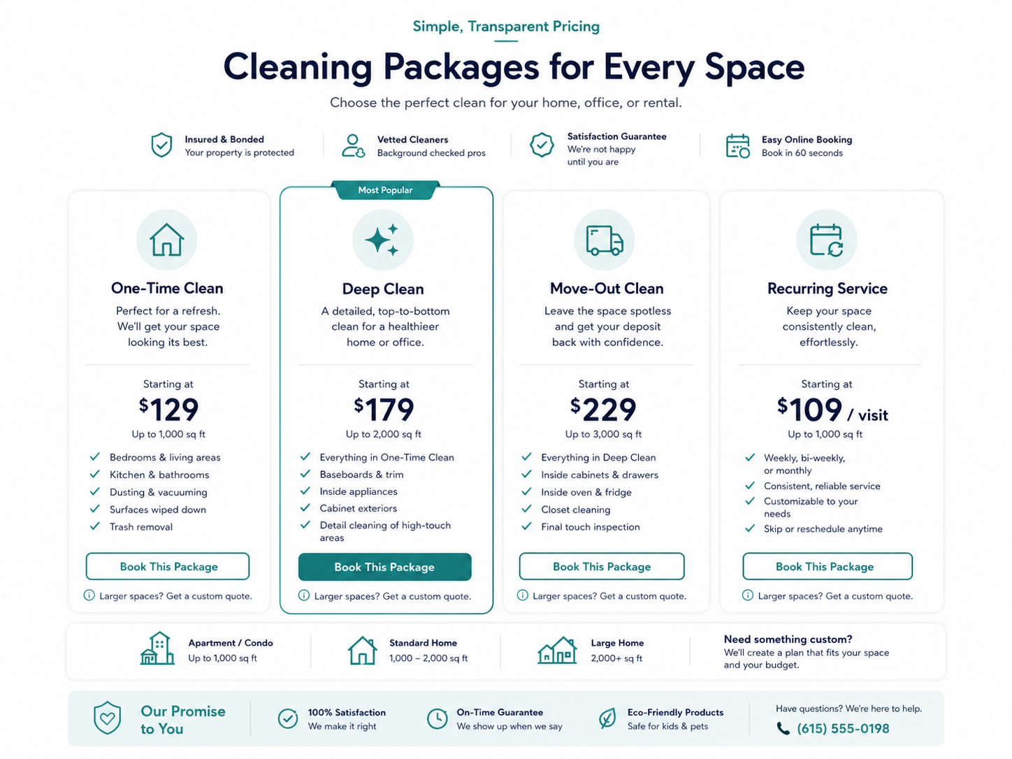 FreshNest Cleaning Co. pricing and recurring package mockup