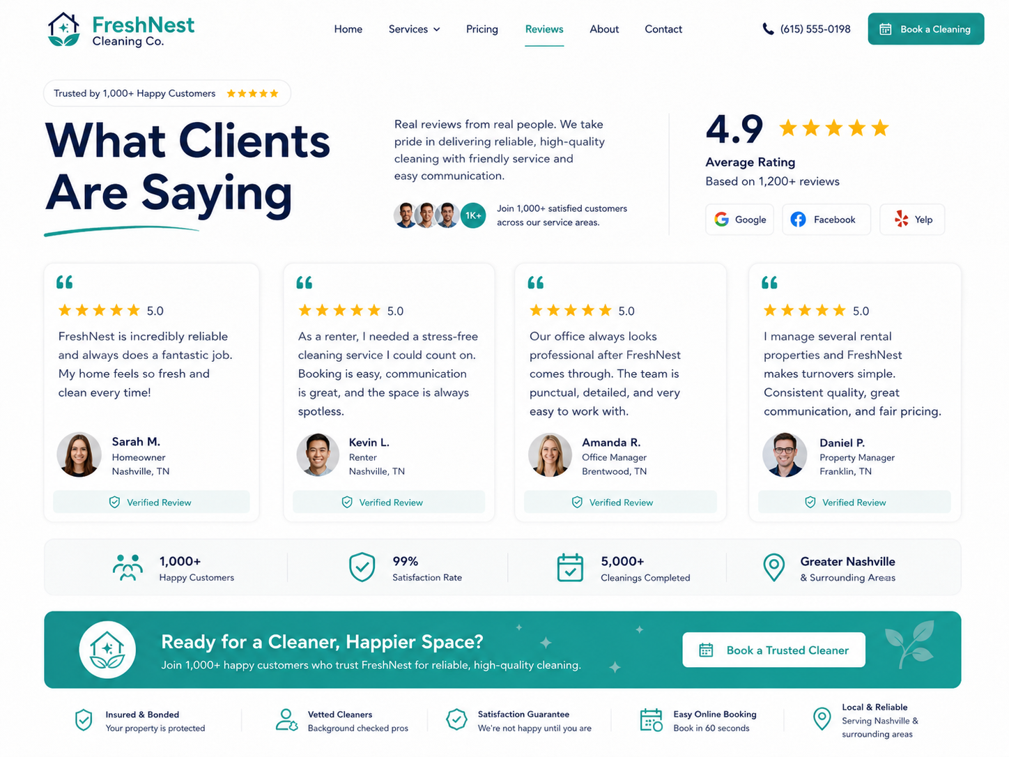 FreshNest Cleaning Co. testimonials and reviews section mockup