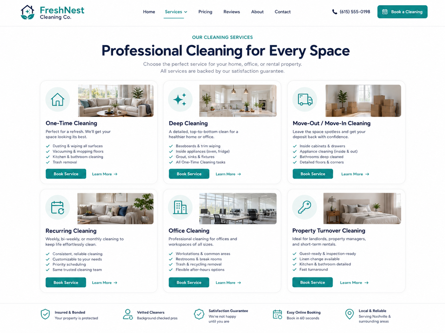 FreshNest Cleaning Co. services grid and cleaning cards mockup