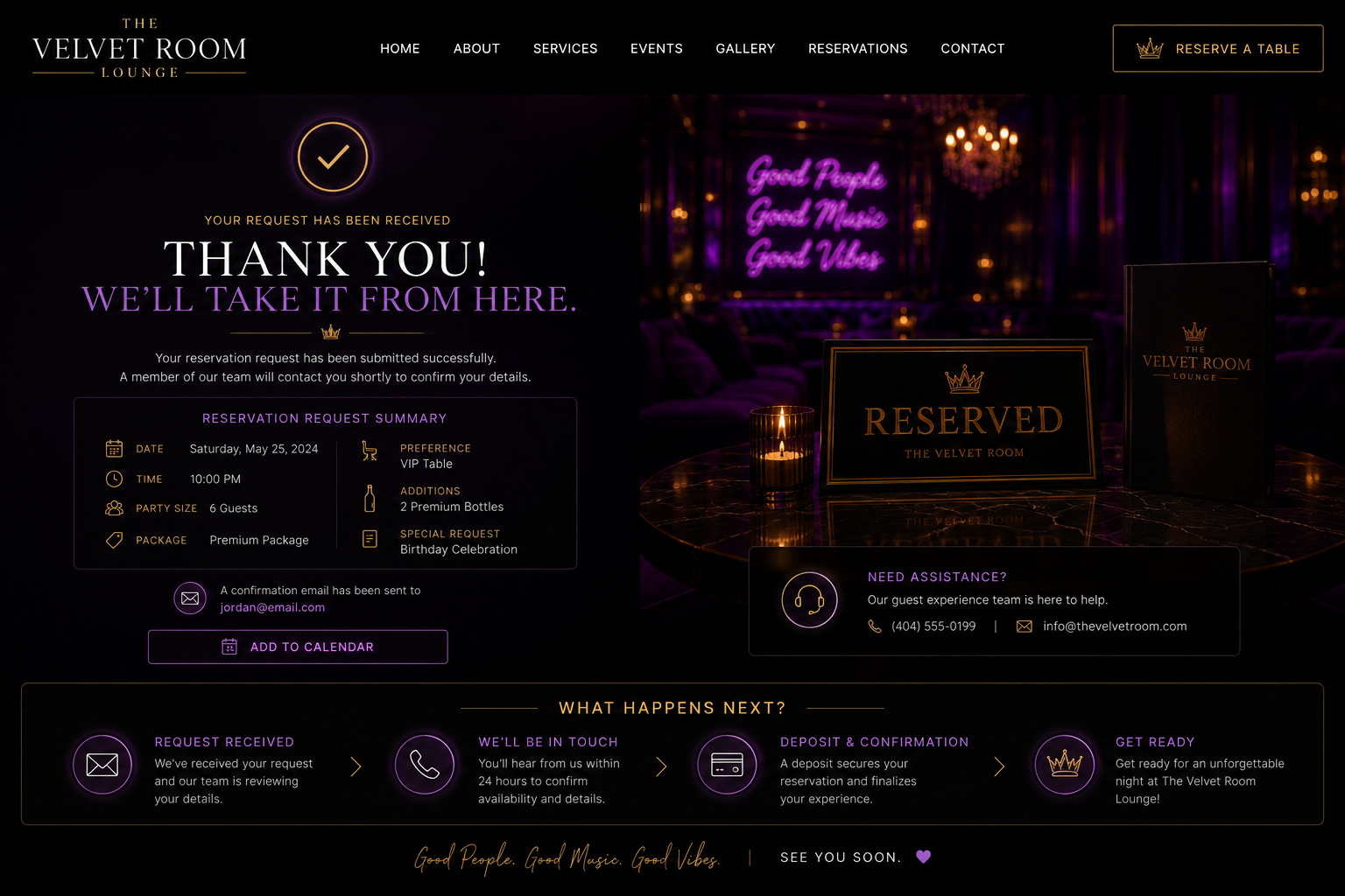 Lounge booking confirmation success state mockup