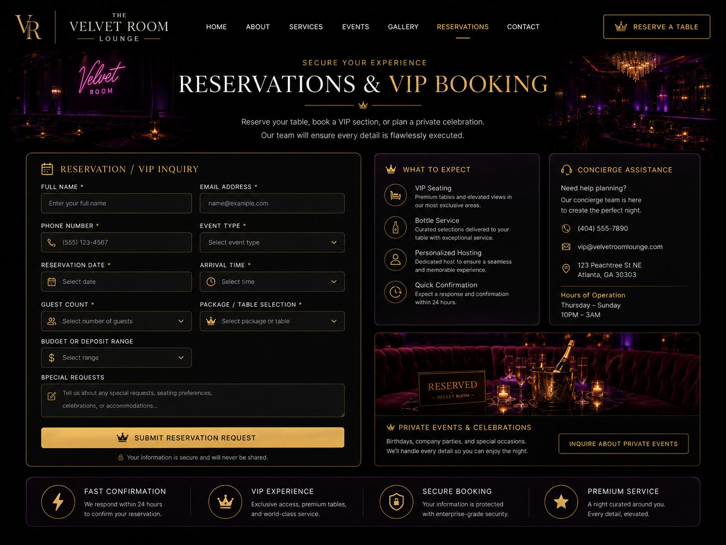 Lounge booking and reservation form mockup