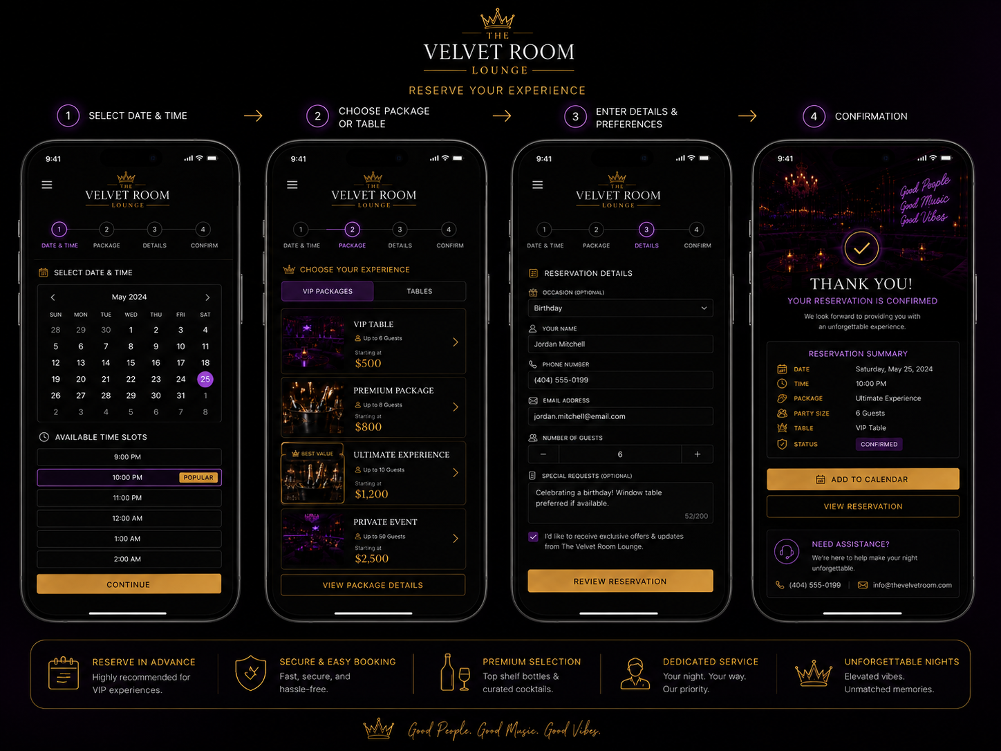 Lounge mobile booking flow from section selection to reservation confirmation