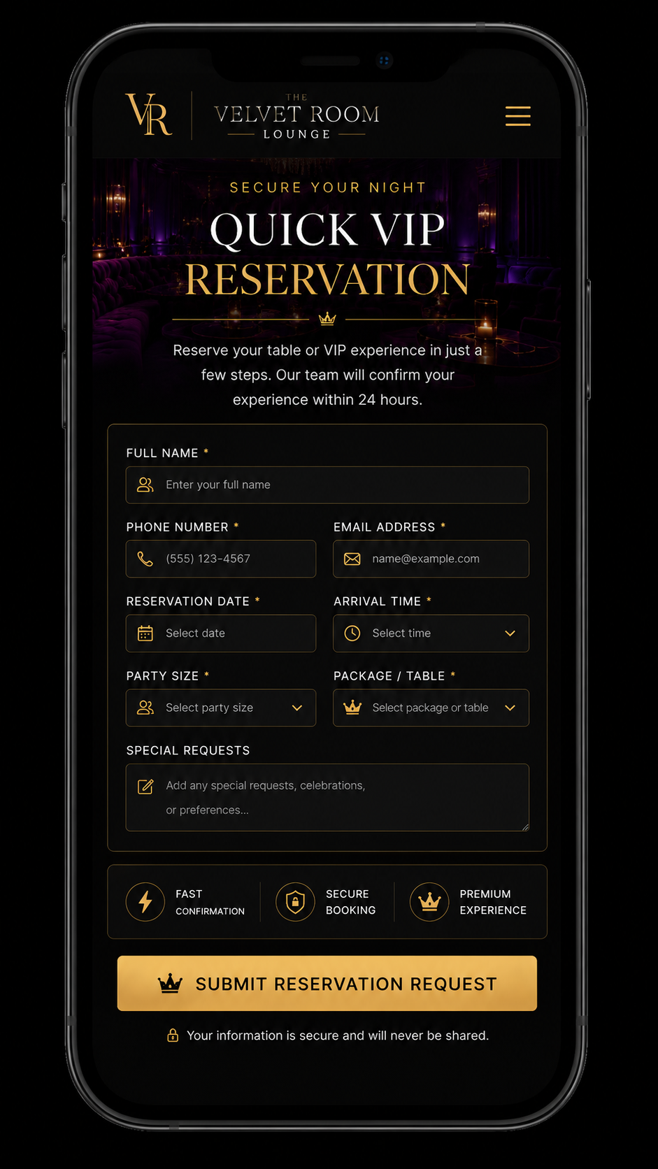 Lounge mobile lead form for VIP or reservation requests