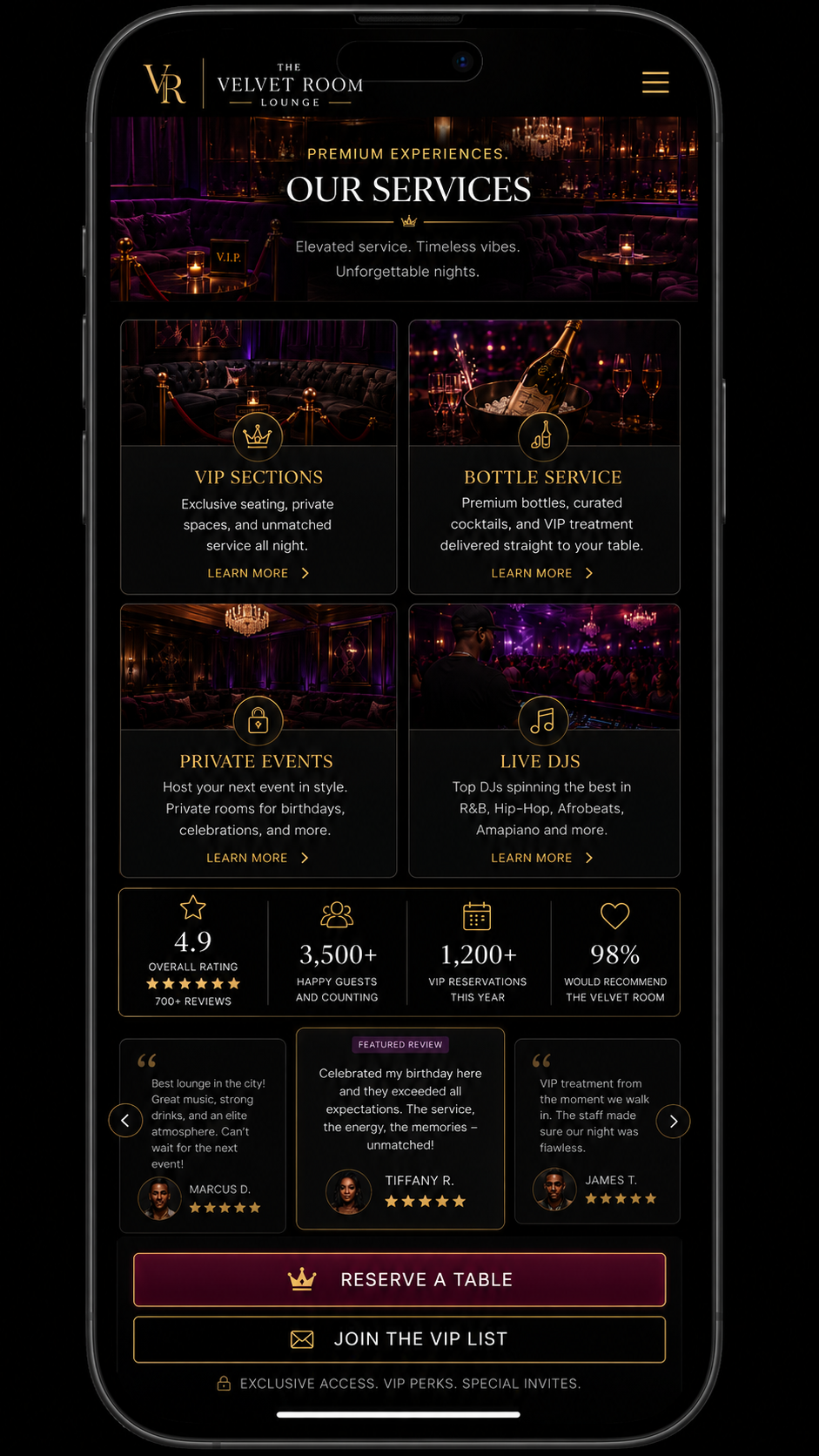 Lounge mobile website services, trust, and CTA mockup